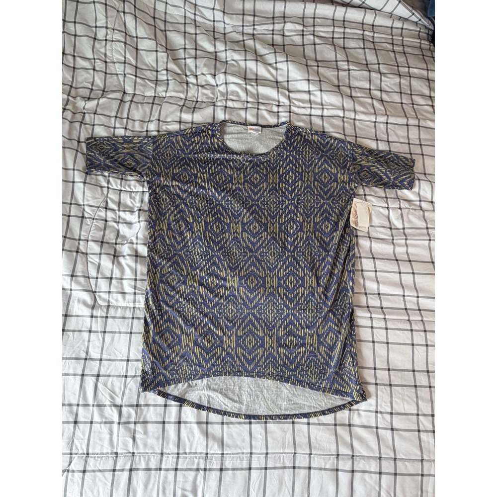 LuLaRoe Irma Tunic Top Small Blue Yellow Geometric Diamond High Low Hem NWT